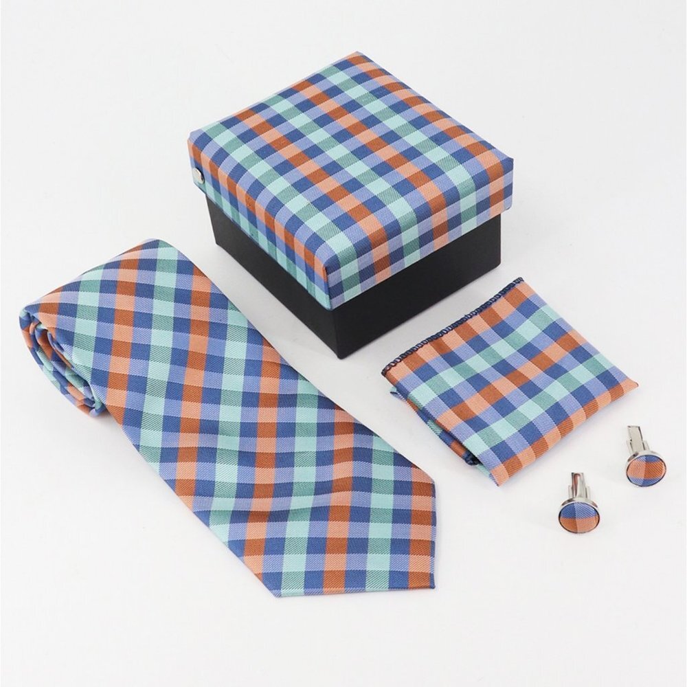 NEW 3-Pc Boxed Gift Tie Set Blue Orange Plaid Print Cuff Links Pocket Square